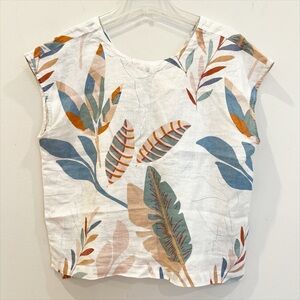 Cynthia Rowley Blouse Top Large Floral 100% Linen Tropical Button-Back Boxy